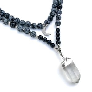 Natural Snowflake obsidian a black onyx mala beads with silver crescent moon charm and clear quartz pendant.