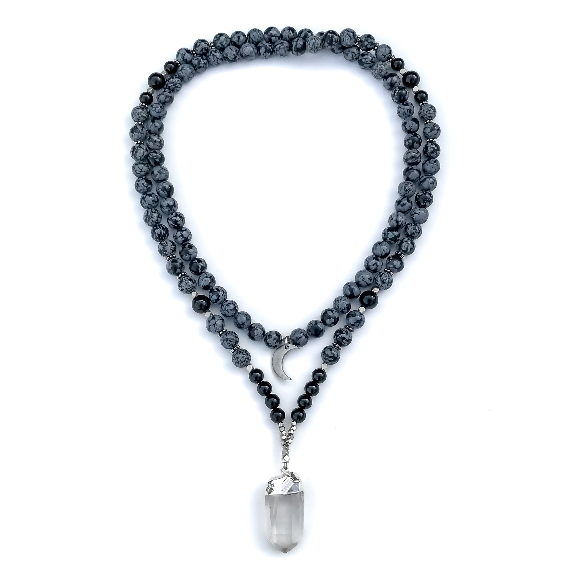 Natural Snowflake obsidian and black onyx 108 mala beads with clear quartz pendant, silver accents and crescent moon charm for meditation and manifestation.