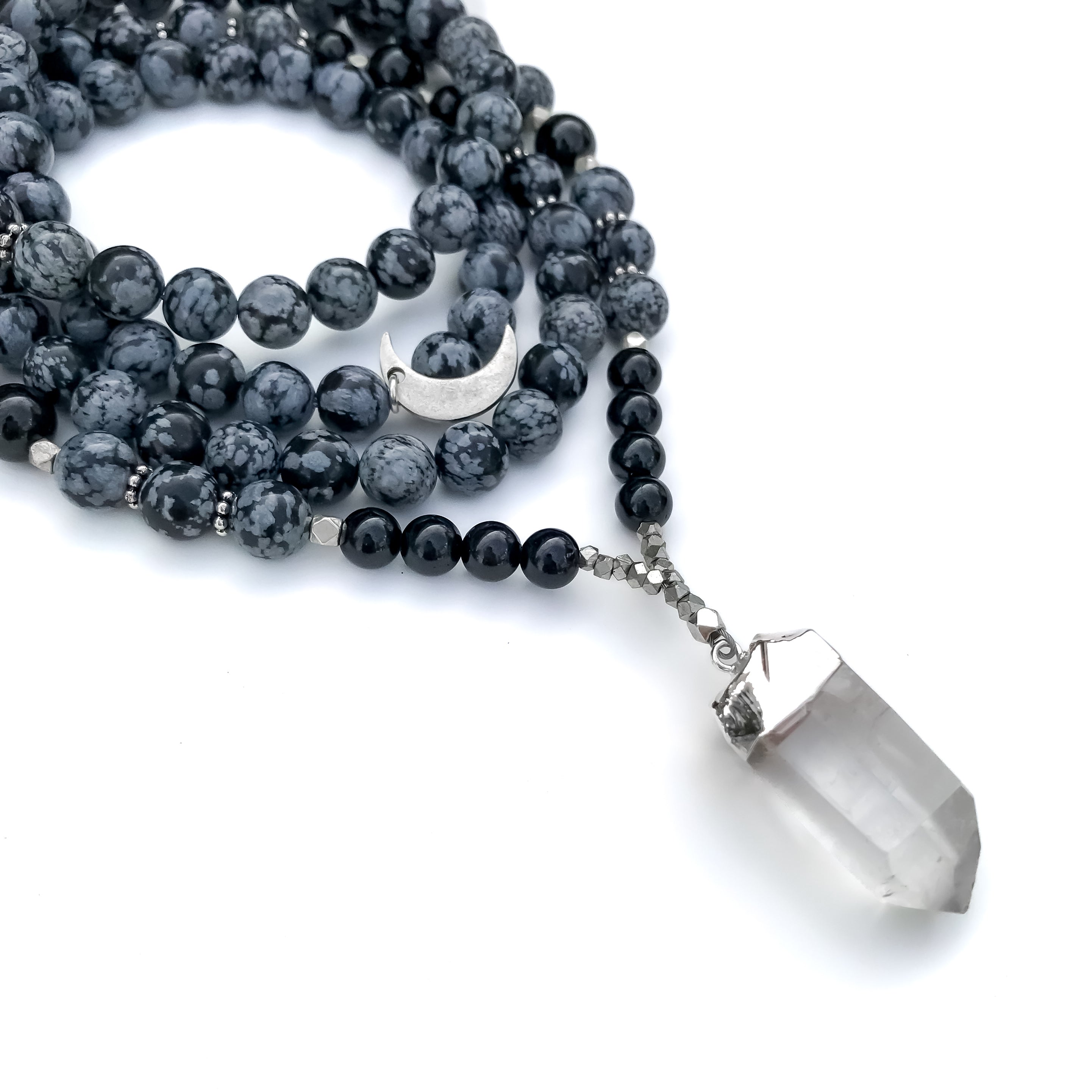 Snowflake Obsidian and Black Onyx crystal 108 bead Mala Necklace with quartz point pendant, silver accents and crescent moon charm.