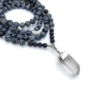 Snowflake Obsidian and Black Onyx crystal 108 bead Mala Necklace with quartz point pendant, silver accents and crescent moon charm.