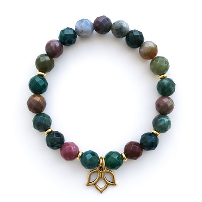 Faceted Indian agate mala bead bracelet with gold lotus charm and accents designed and handmade by Mishka Samuel