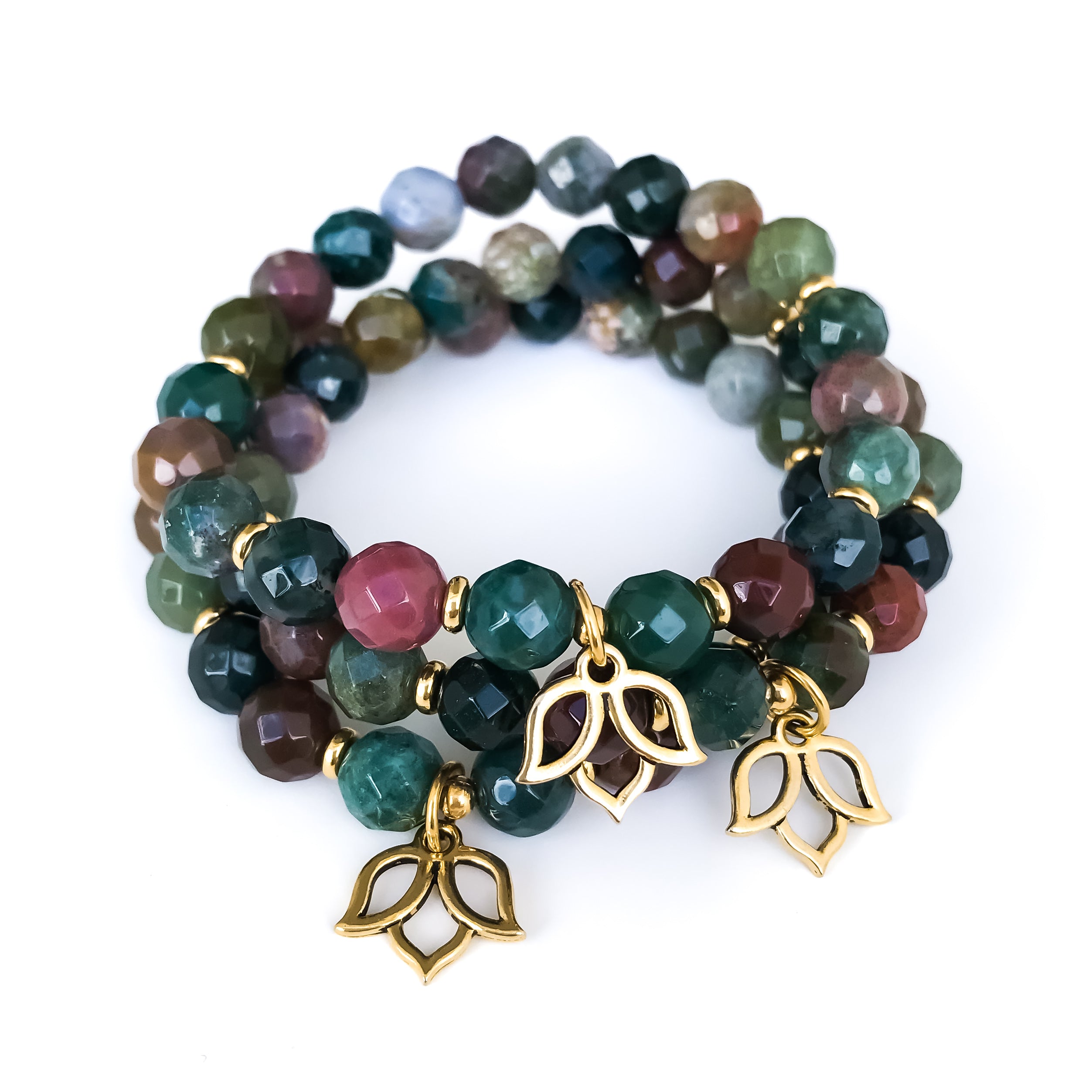 Faceted Indian agate mala bead bracelet with gold lotus charm and accents handmade by Mishka Samuel