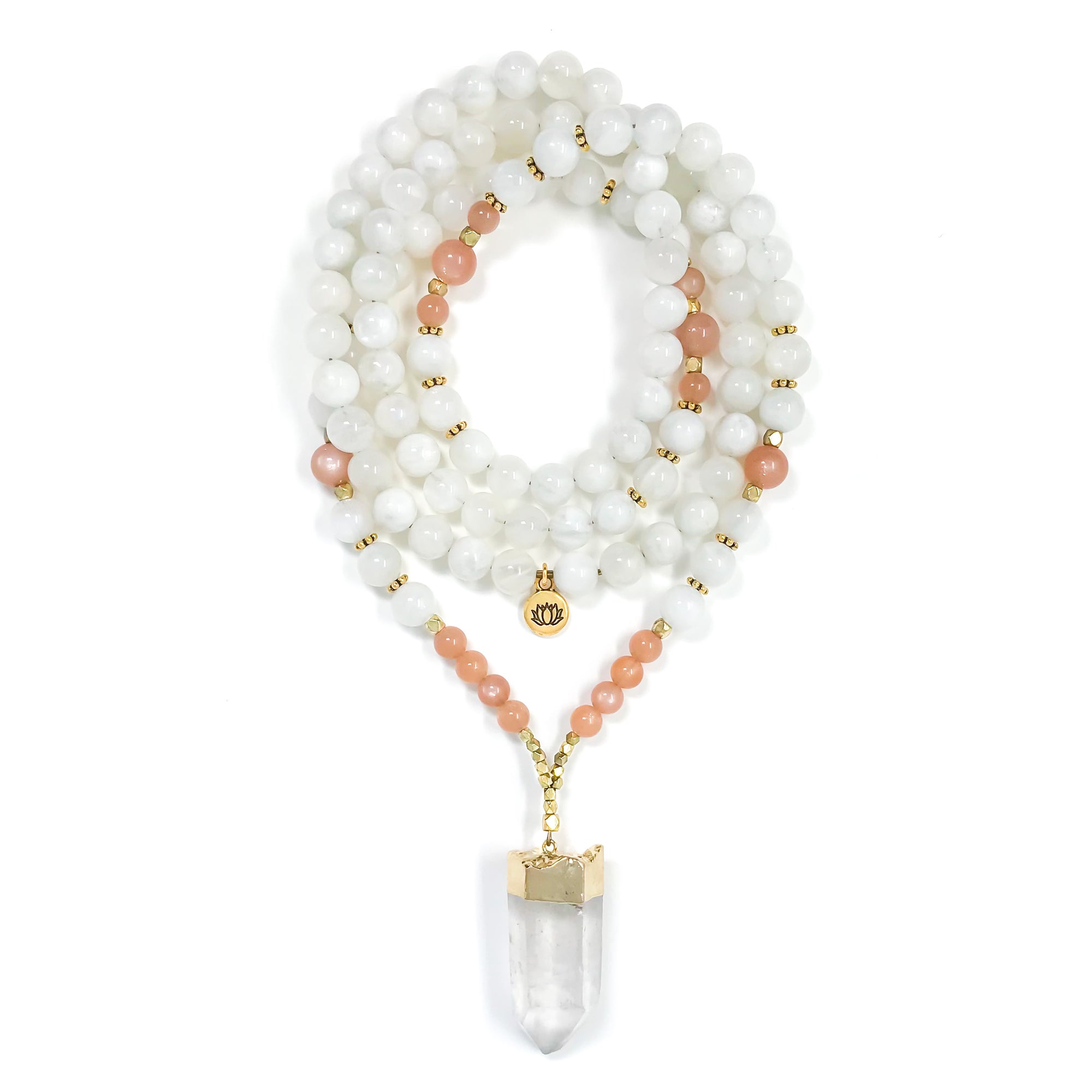 I Am Divine Feminine: Moonstone Sunstone Mala necklace made with white Rainbow moonstone and orange Sunstone beads with Quartz Crystal point as a focal.