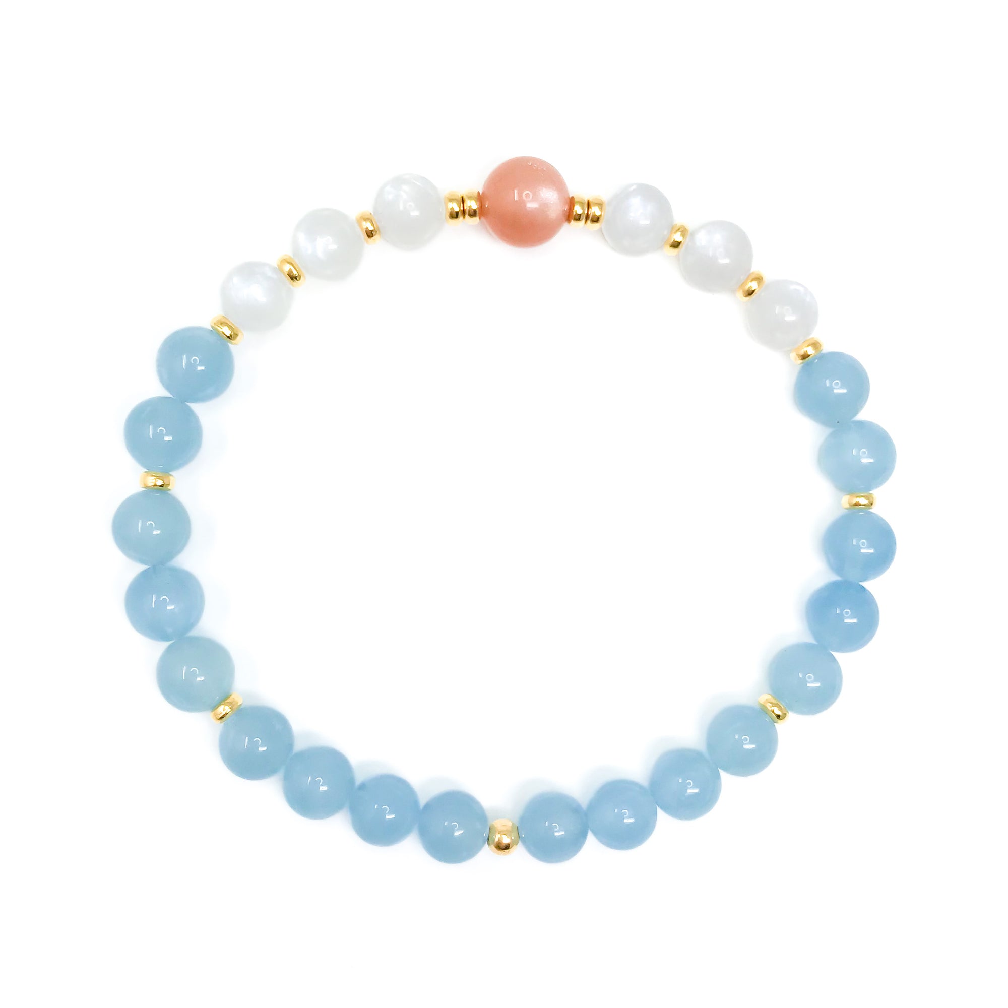 Light blue Aquamarine, white Rainbow Moonstone and peach Sunstone beaded yoga bracelet. choose gold or silver accents. handmade spiritual jewelry.