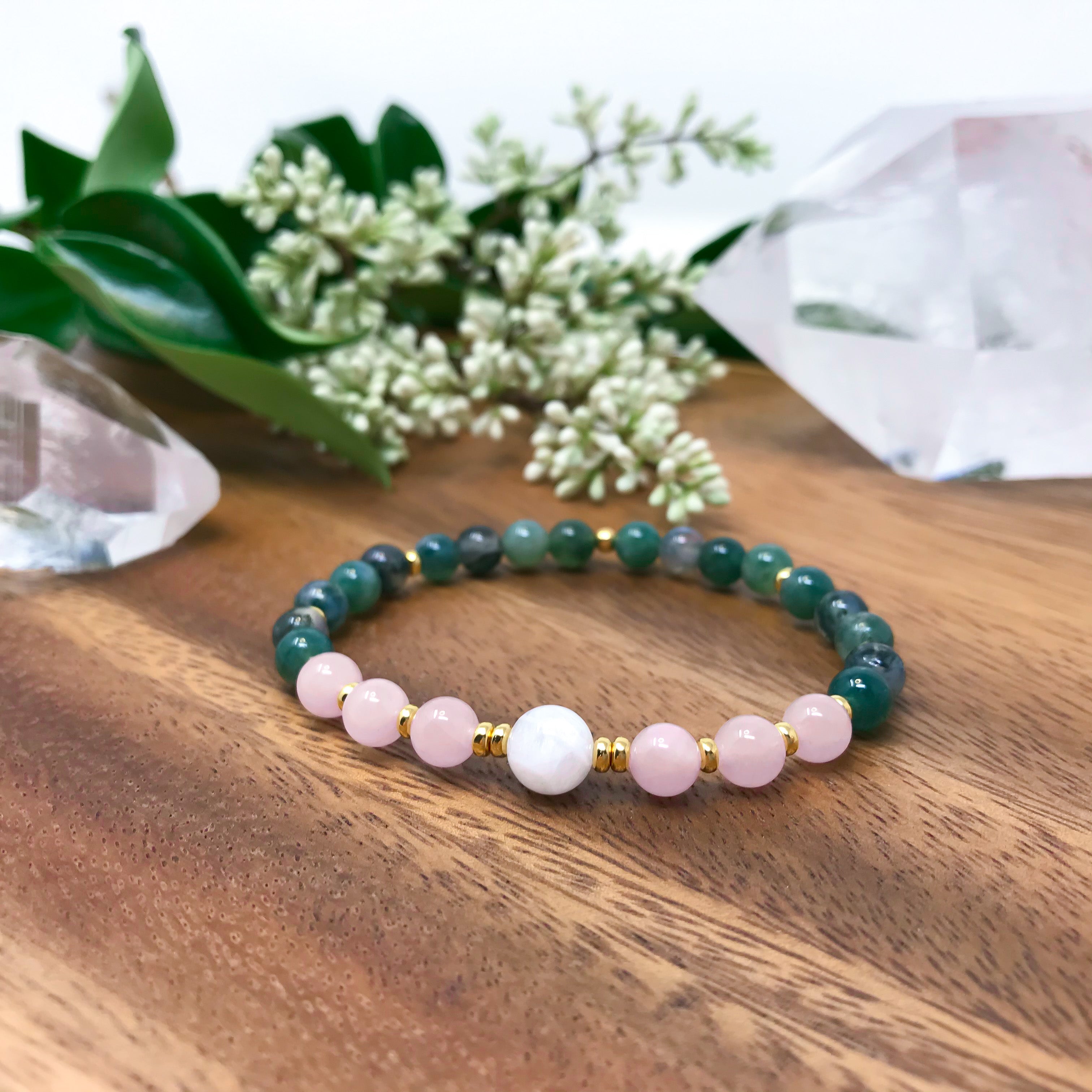 Green Moss Agate, light pink Rose Quartz and white Moonstone yoga bracelet with gold or silver accents.
