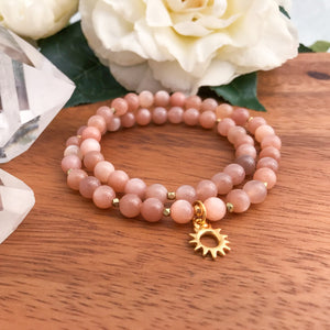 RADIANT : Sunstone Mala Wrap Bracelet with gold Radiant Sun Pendant and gold accents, handmade jewelry