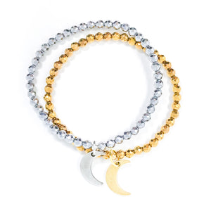 Moon Spell Bracelet - gold and silver hematite bracelet with a crescent moon charm