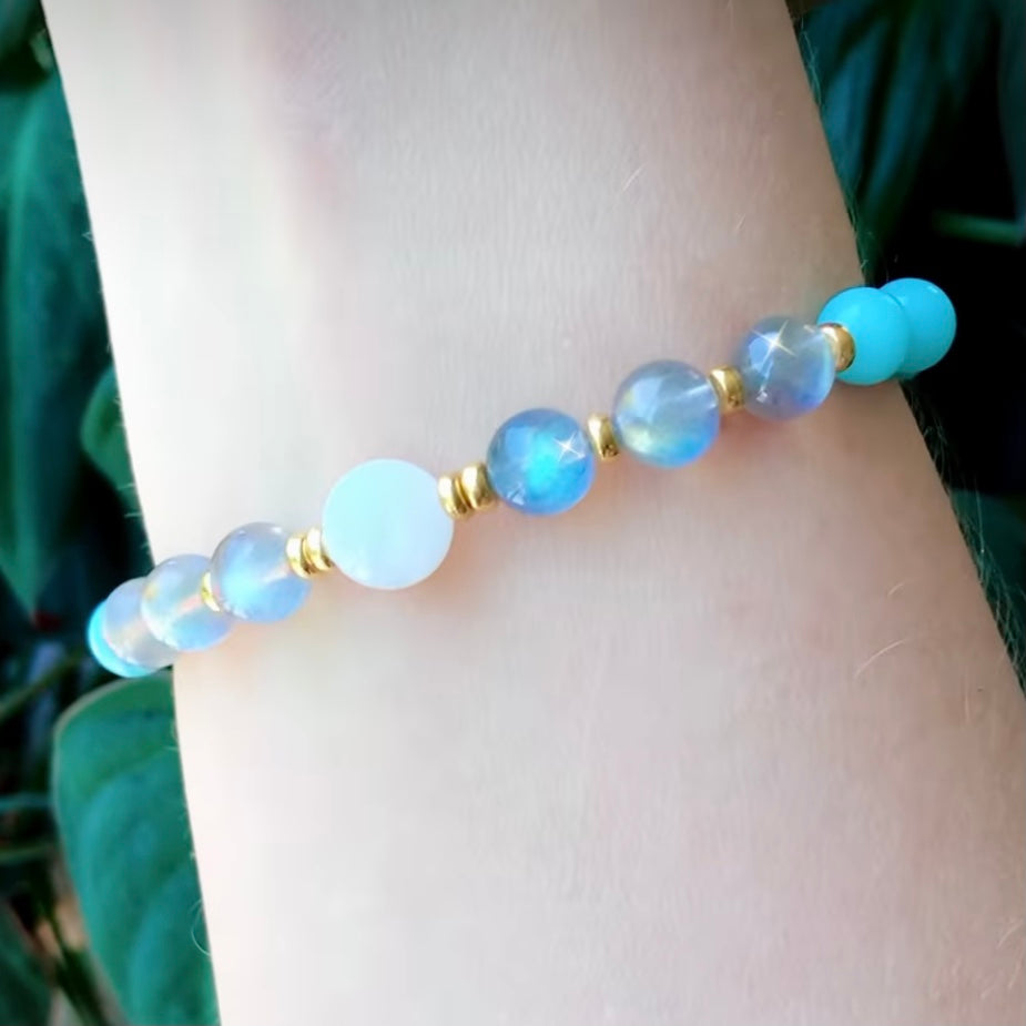 Aqua blue amazonite, grey labradorite and white moonstone mala bracelet with gold or silver accents.