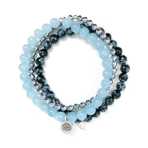 Blue Aquamarine, black and grey Snowflake Obsidian & Silver Hematite Healing Bracelet Set with silver Om charm and silver Moon charm