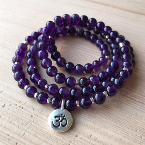 Amethyst 108 Mala Beads with Om Charm, meditation jewelry
