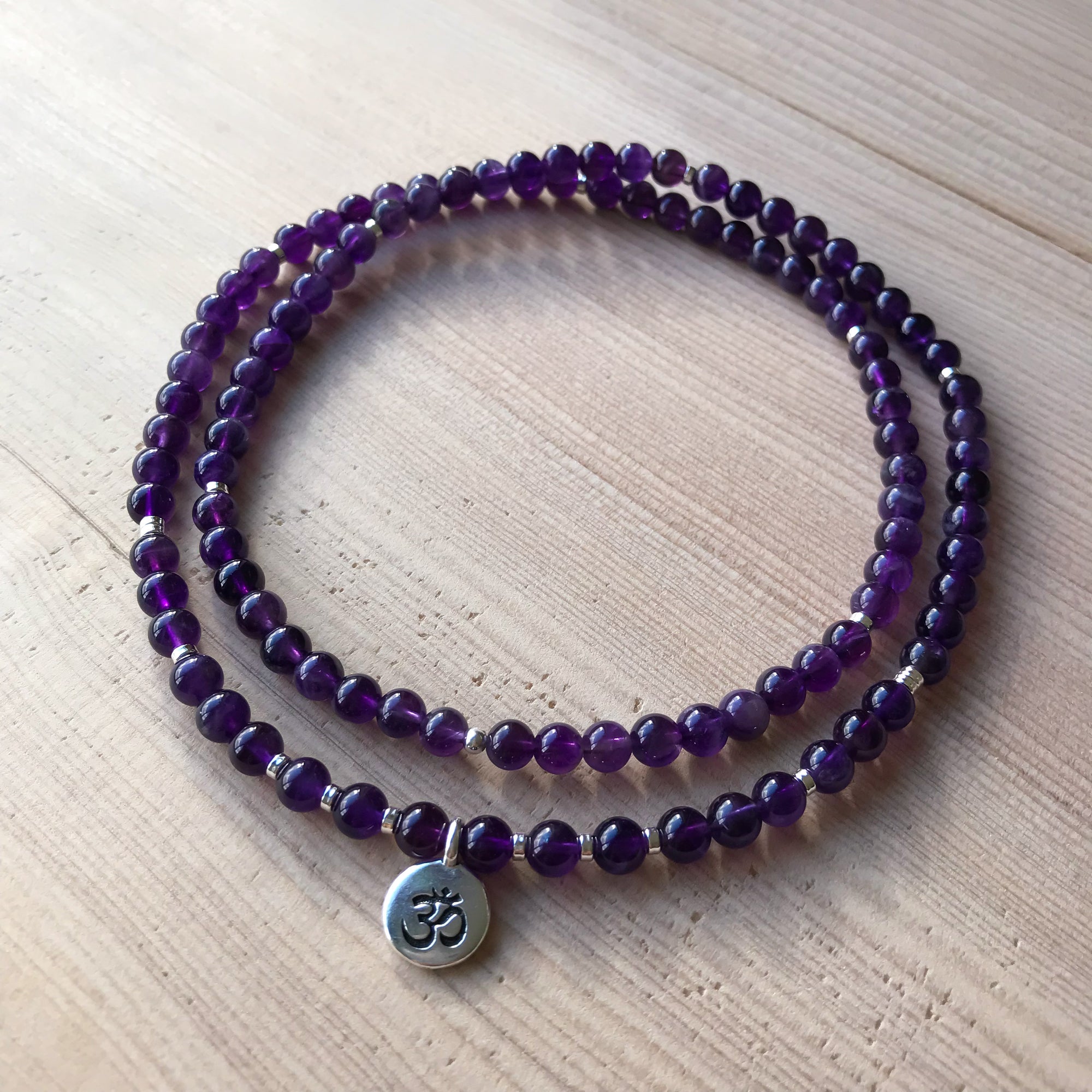 Amethyst 108 Mala Beads with Om Charm, silver or gold, healing crystal jewelry