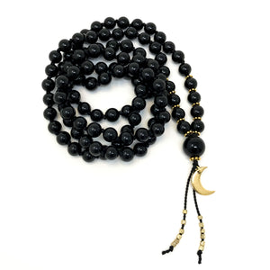 Black Tourmaline 108 Mala Prayer Beads with Gold Crescent Moon, yoga jewelry