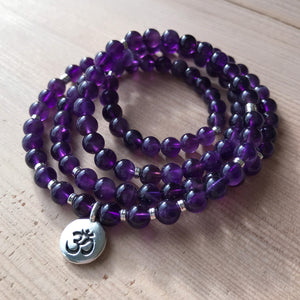 Amethyst 108 Mala Beads with Om Charm, silver or gold, Yoga jewelry