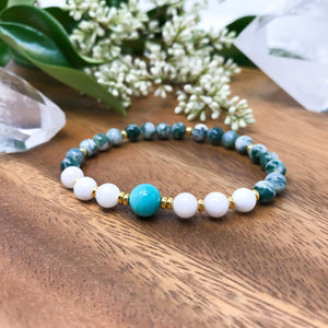 Green marbled Tree Agate, white Moonstone and aqua blue Amazonite yoga bracelet with gold or silver accents.