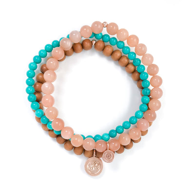 pastel orange sunstone, turquoise and sandalwood 3 healing bracelet set with rose gold Om charm