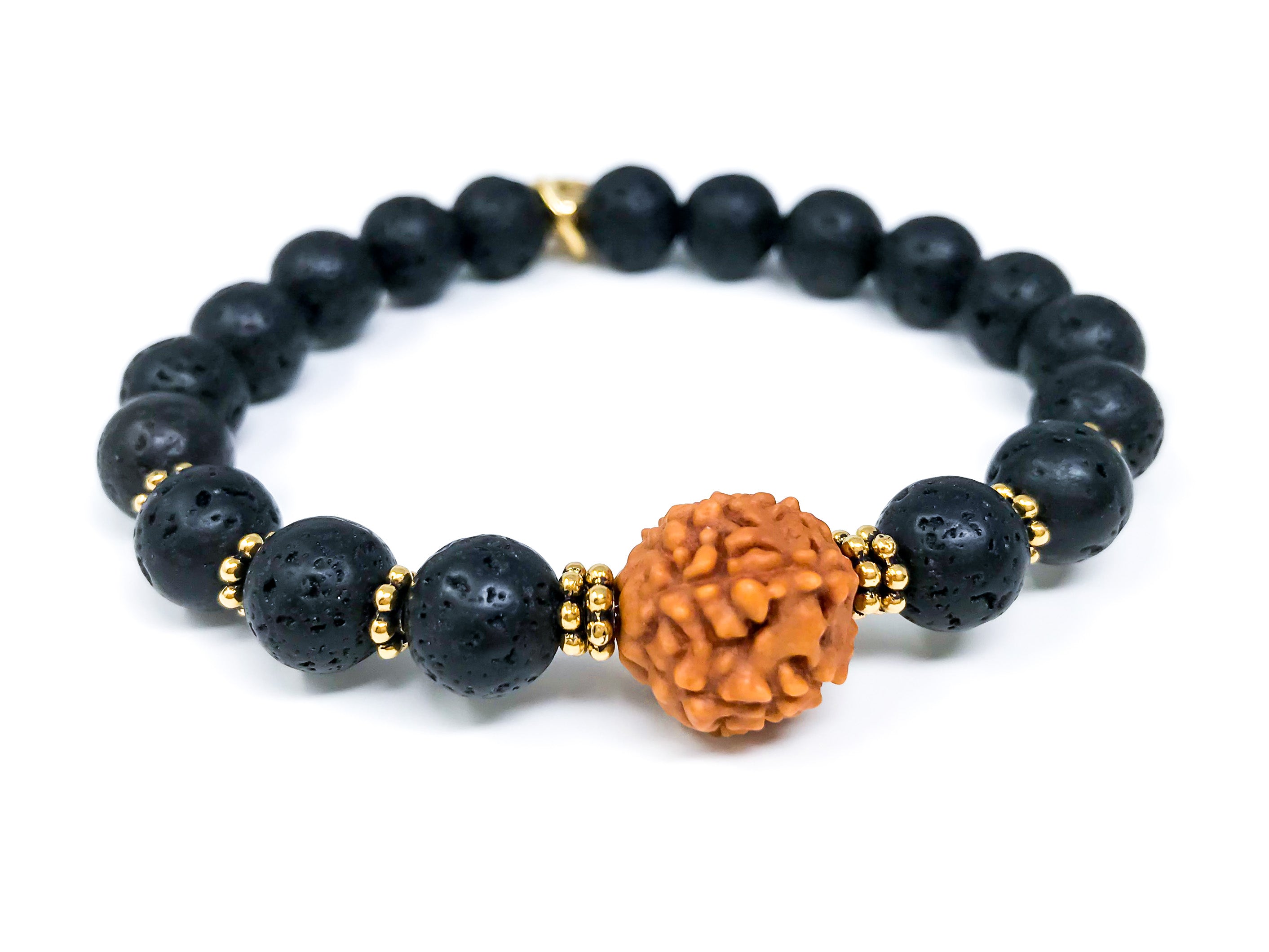 Black Lava Stone and Rudraksha Mala Bracelet, Yoga Jewelry for Protection and Calm Mind