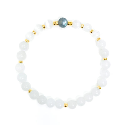 White Moonstone and Selenite yoga bracelet with a faceted Labradorite focal bead. Gold or sterling silver accents.