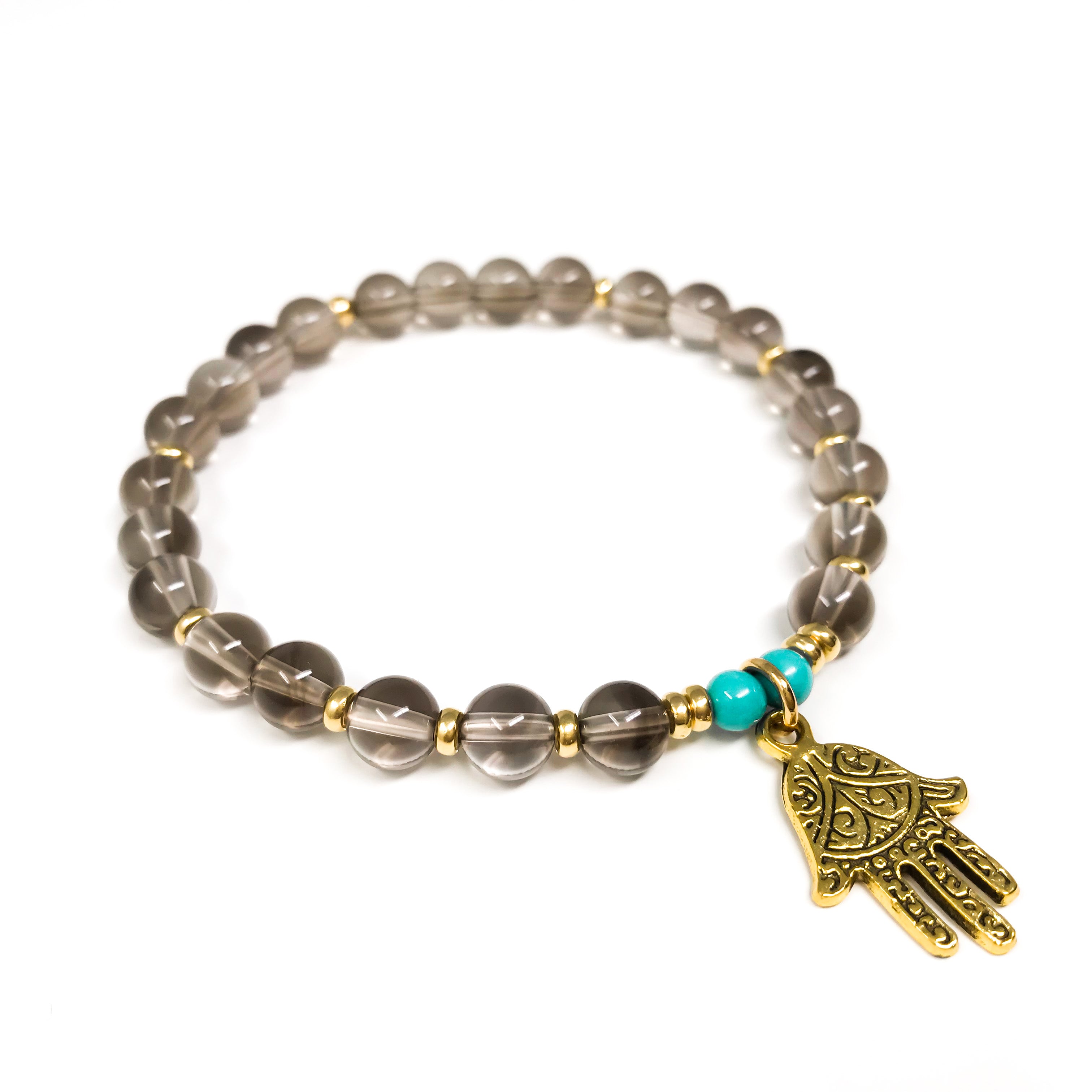 Smoky Quartz & Turquoise Mala Bracelet with Hamsa Hand Charm, Yoga Bracelet for Protection and Strength
