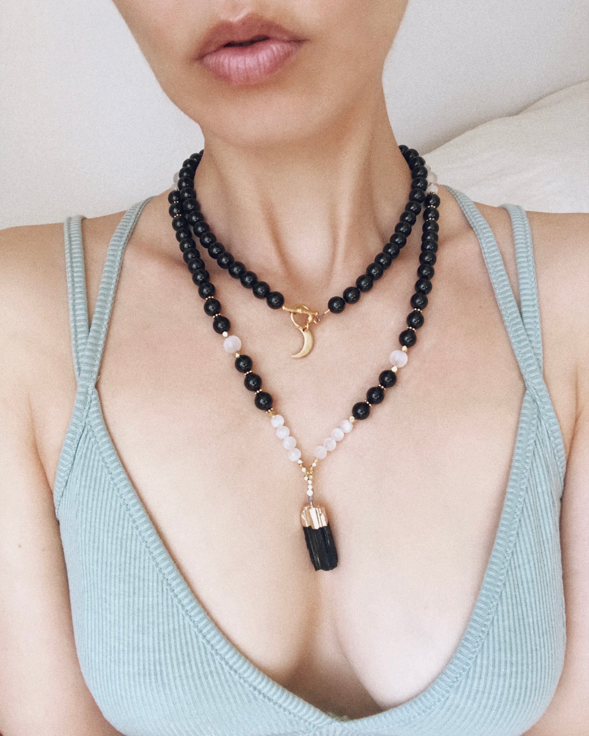 Moon Goddess Necklace, Selenite and Black Tourmaline Mala Necklace with Raw Tourmaline pendant and gold accents, spiritual jewelry