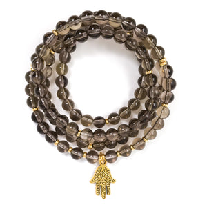 108 Smoky Quartz gemstone beads Mala Bracelet with Hamsa Hand Charm, gold or silver accents, yoga bracelet wrap
