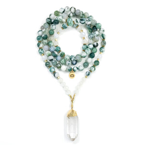 I Am Happy & Free: Tree Agate & Moonstone Mala necklace handmade with green Tree Agate and white Rainbow Moonstone with Quartz Crystal point