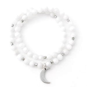 Double wrap natural Moonstone beaded bracelet with silver crescent moon pendant.