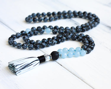 Snowflake Obsidian Aquamarine Mala prayer beads, handmade jewelry