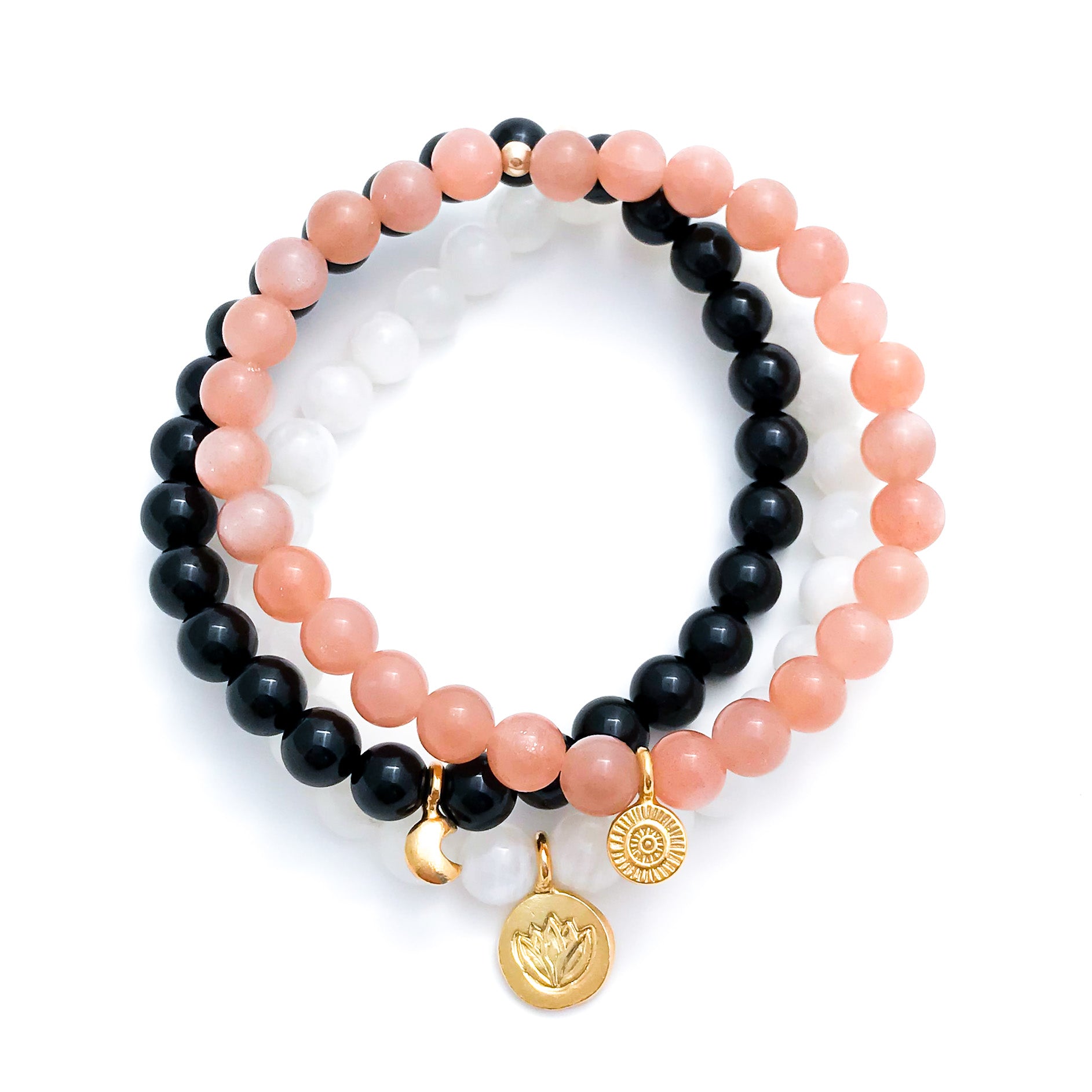 Sunstone, Moonstone & Black Tourmaline Healing Bracelet Set, yoga jewelry, sun, moon, lotus gold charm mala bracelet stack