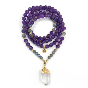 I Am One with the Universe: Amethyst & Labradorite Mala necklace handmade with purple Amethyst and gray Labradorite with rainbow flashes. Quartz Crystal focal point.