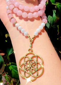 I Am Love & Peace: Rose Quartz & Moonstone Mala Necklace With Seed of Life pendant. Choose gold or silver.