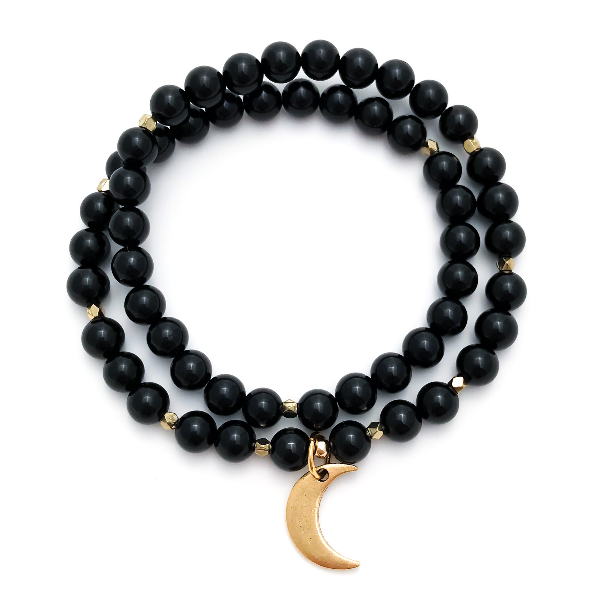LUNA : Black Tourmaline Mala Wrap Bracelet with gold Crescent Moon and diamond cut accents. Yoga jewelry black beaded bracelet made with natural gemstone.