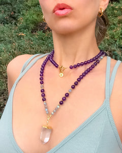 I Am One with the Universe: Amethyst & Labradorite Mala necklace handmade with purple Amethyst and gray Labradorite with rainbow flashes. Quartz Crystal focal point.