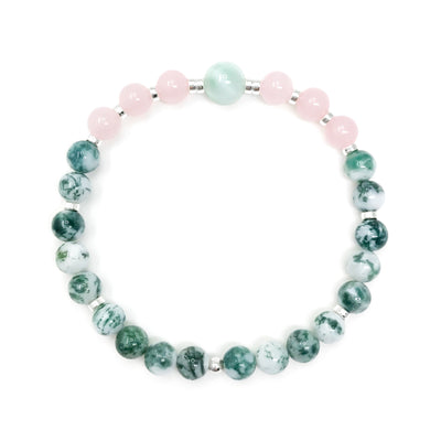 Beaded yoga bracelet made with natural gemstones: Green and white marbled Tree Agate, light pink Rose Quartz and mint green Moonstone focal bead. Choose gold or silver accents to match your other mala bracelets.
