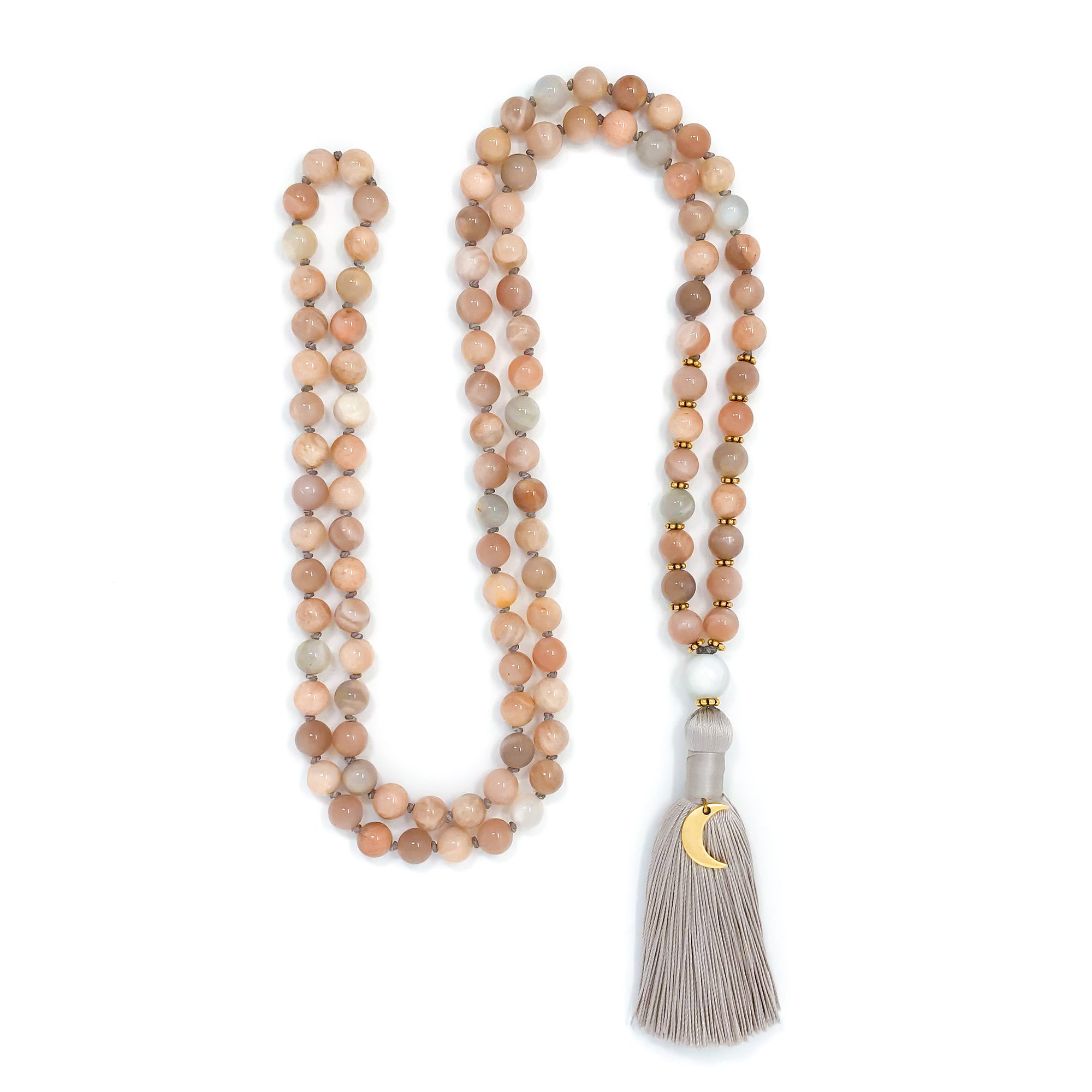 sunstone mala necklace knotted on gray silk with white moonstone guru bead, gray tassel and gold moon crescent charm