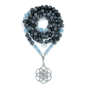 Black and gray Snowflake Obsidian & blue Aquamarine Mala Necklace with silver lotus charm and seed of life charm