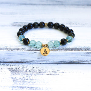 Blue Tiger's Eye and Fluorite wrist mala beads, yoga jewelry