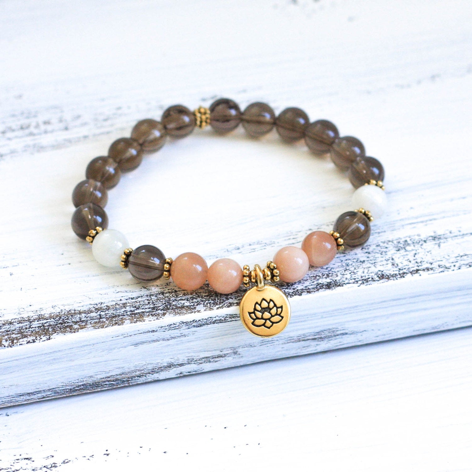 Smoky Quartz Sunstone lotus bracelet, spiritual jewelry