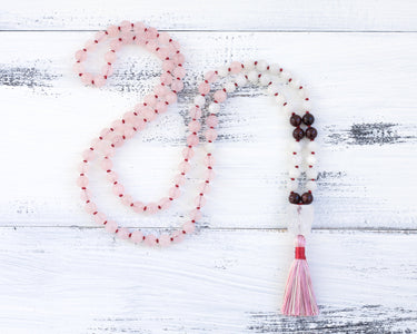 pink quartz long tassel necklace, prayer beads