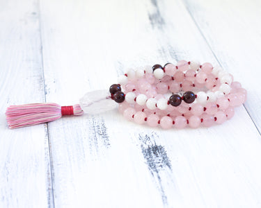 moonstone rose quartz mala beads, yoga necklace