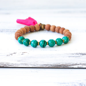 Sandalwood Malachite wrist mala beads, buddhist jewelry