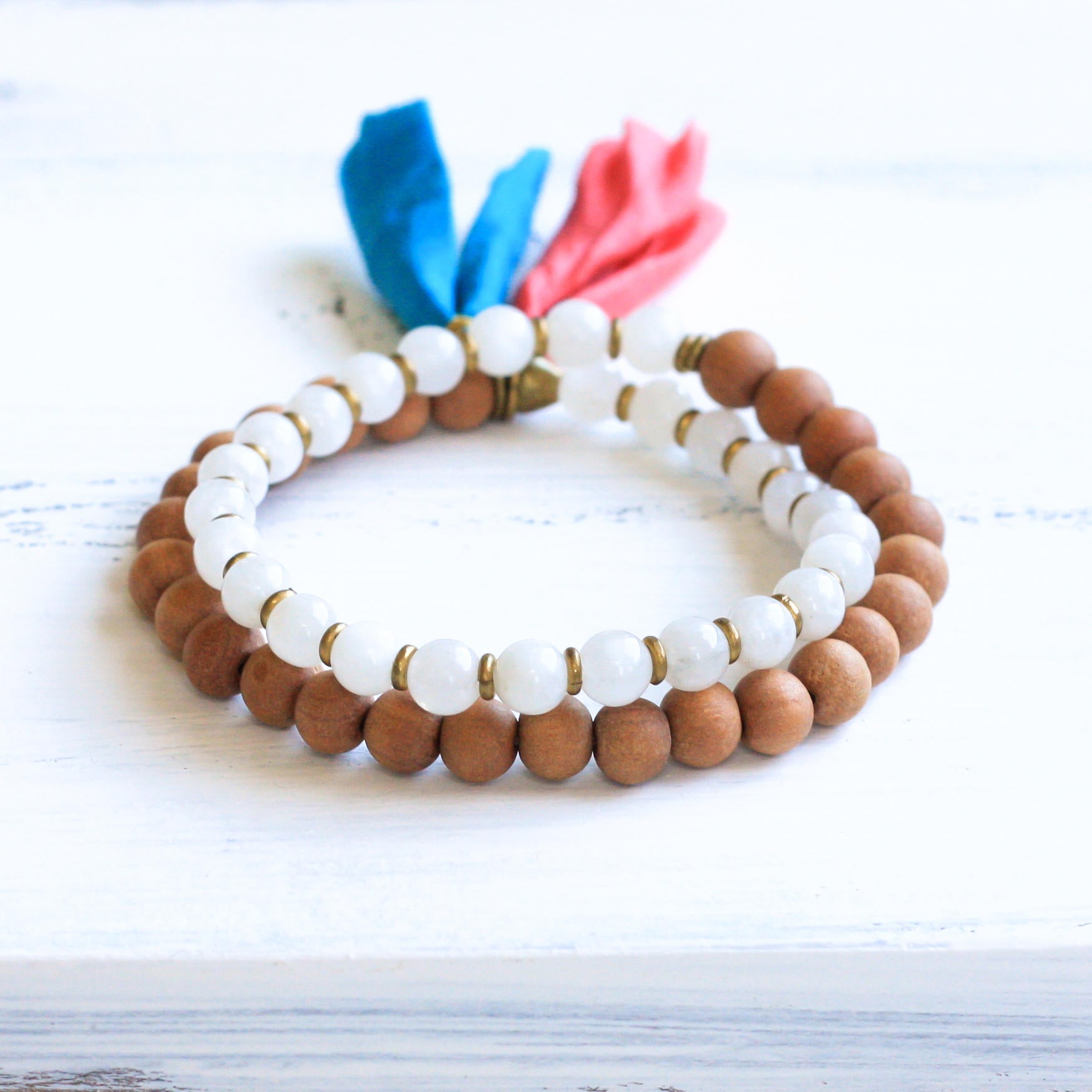 Moonstone Sandalwood wrist mala beads, tassel bracelet