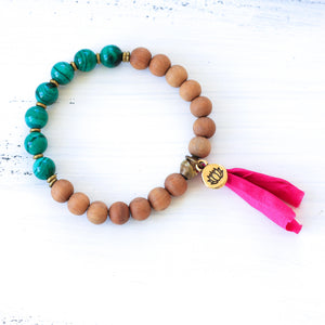 Sandalwood Malachite mala prayer bead bracelet, handmade jewelry