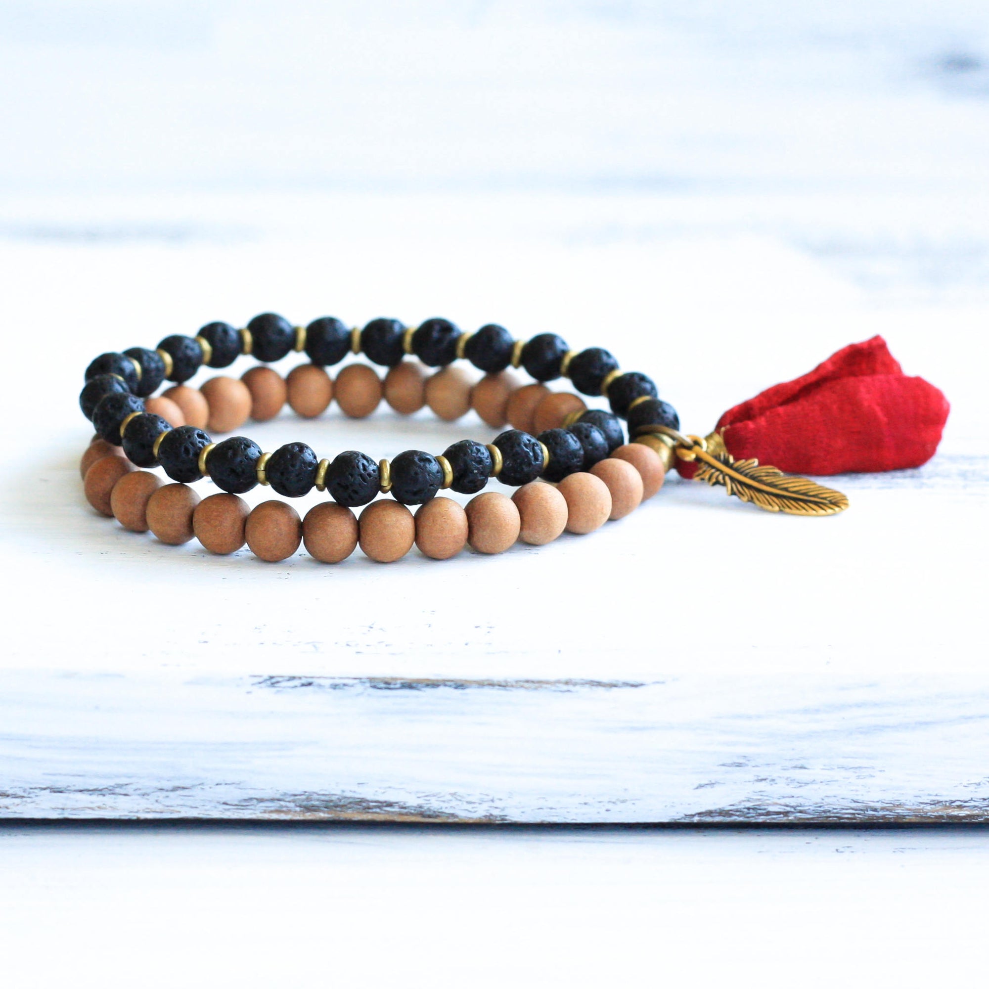 Sandalwood Lava stone boho bracelet, yoga jewelry