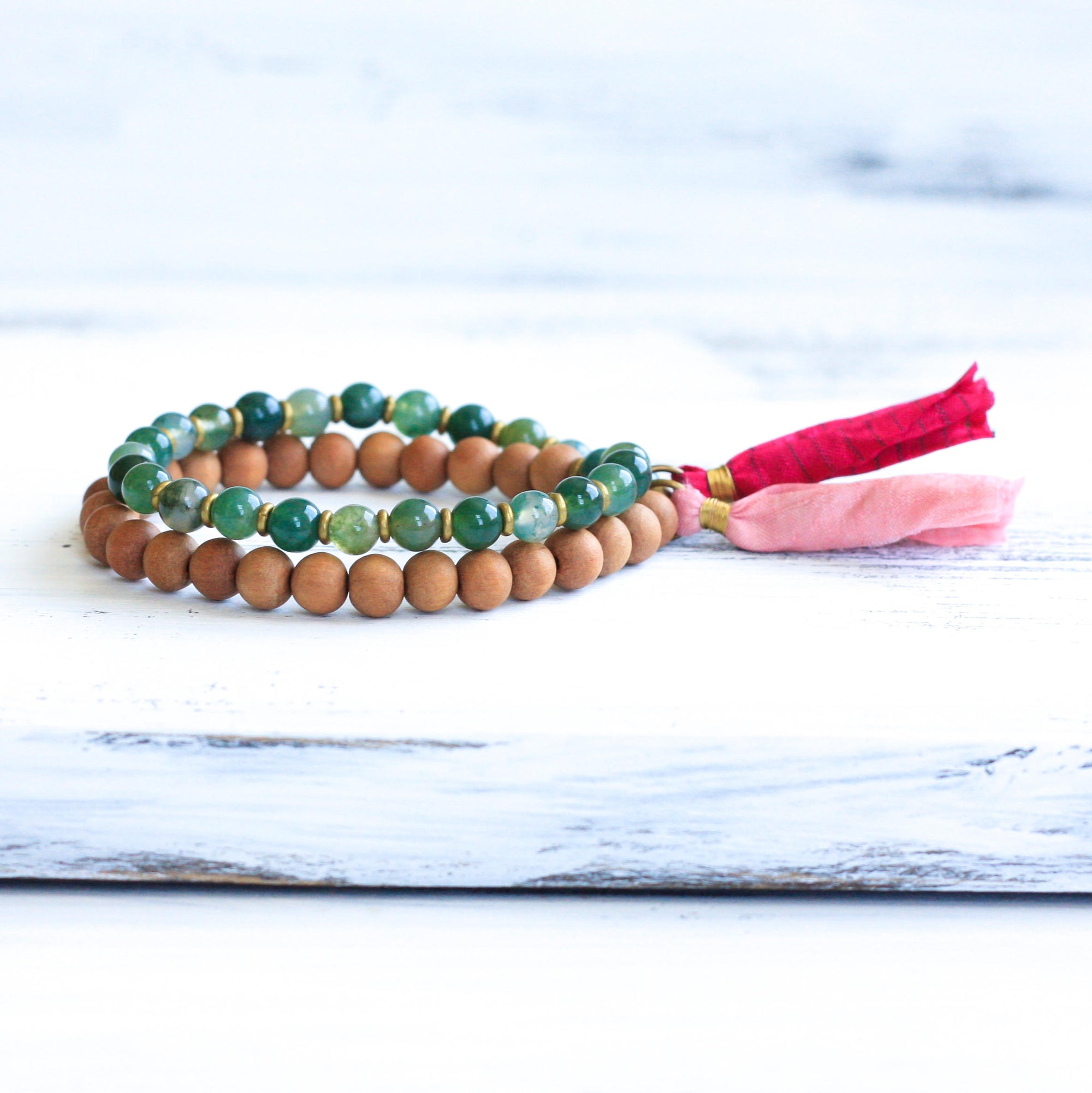 Moss Agate Sandalwood wrist mala beads, buddhist jewelry
