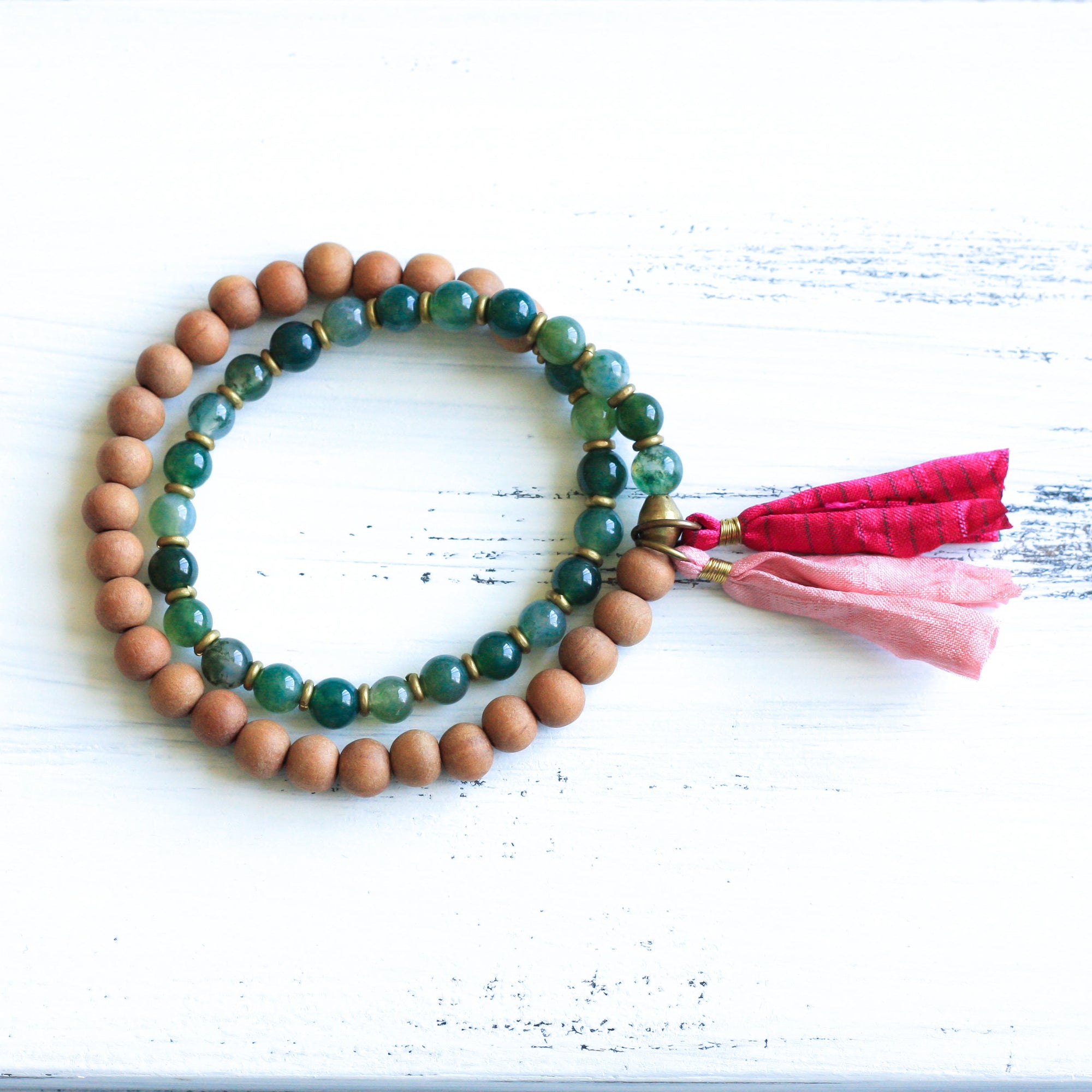 Moss Agate Sandalwood mala prayer beads, tassel bracelet