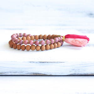 sandalwood bracelet, rhodonite wrist mala beads