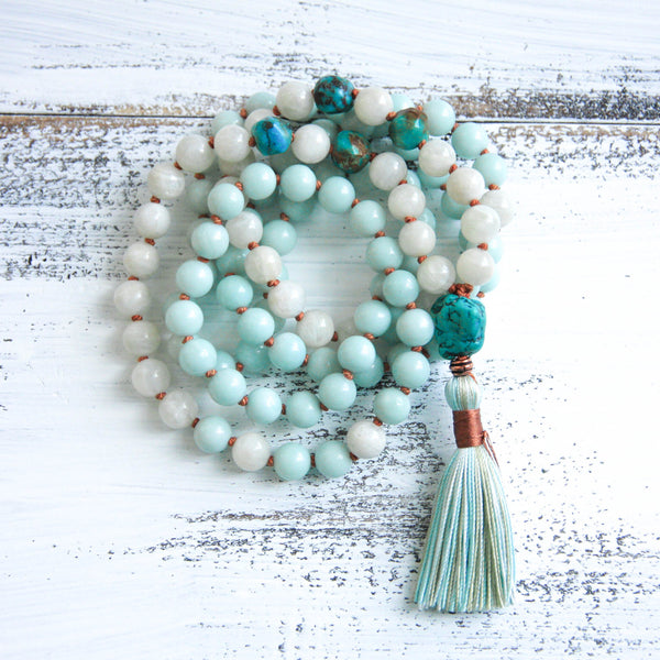 Peaceful Journey Amazonite & Moonstone Mala Necklace with Genuine Turquoise