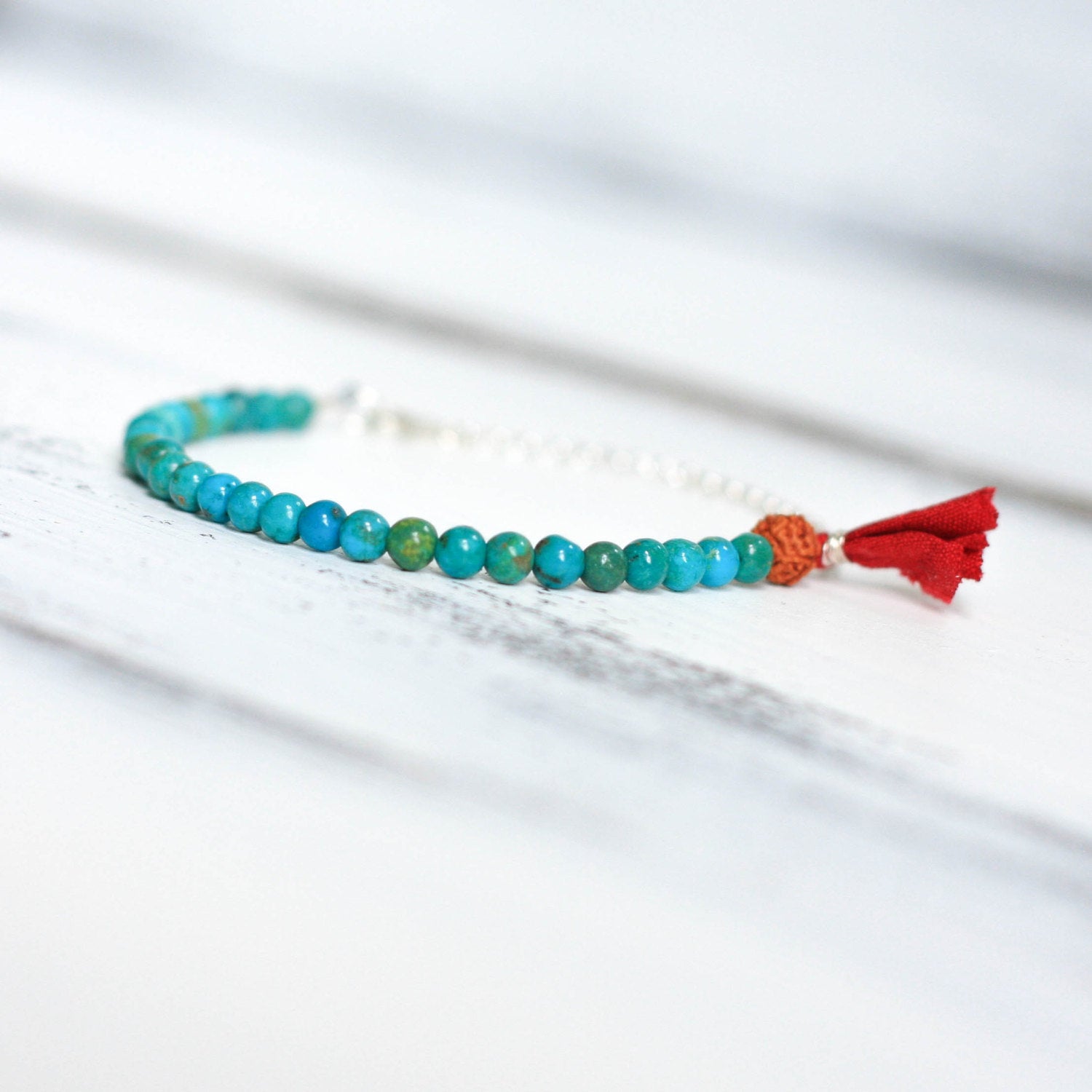 Turquoise small bead bracelet with tassel, boho jewelry