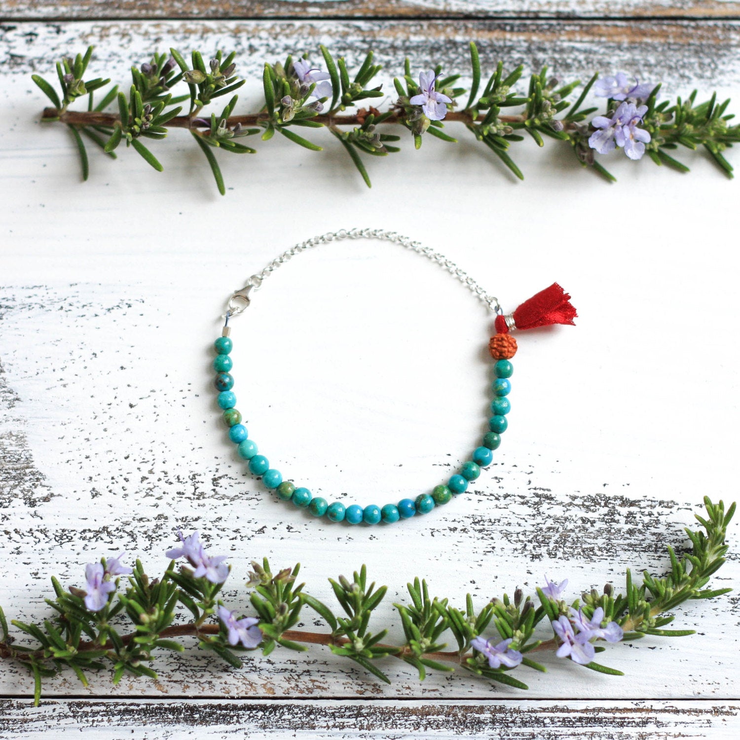 Turquoise Yoga Bracelet with Tassel, crystal healing jewelry