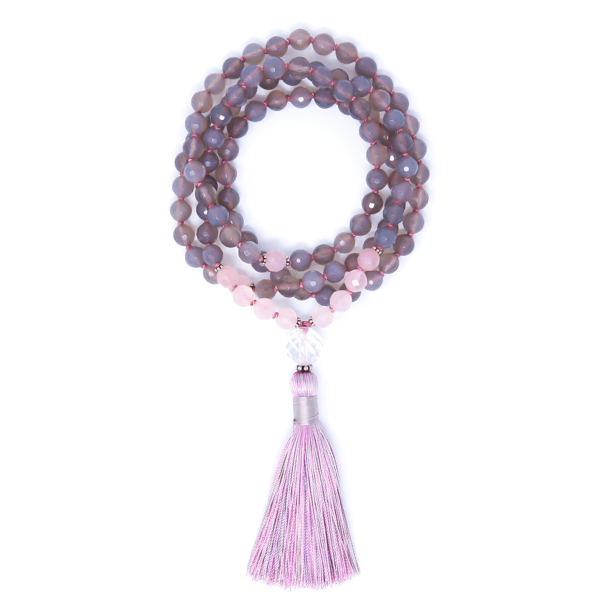 Faceted Gray Agate Rose Quartz Mala Beads, spiritual jewelry